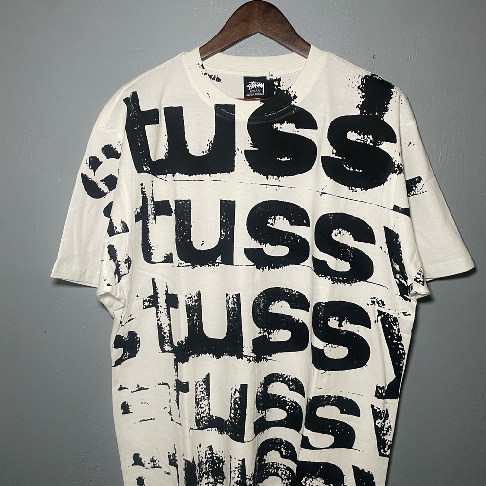 Stüssy All Over Print Logo T-Shirt White Black Size L Streetwear Vintage Style